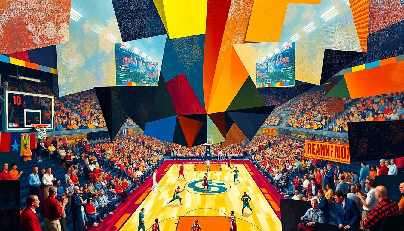 A cubist, geometric painting depicting a college basketball championship game, with the players and court fragmented into overlapping planes of vibrant colors representing the competing teams.