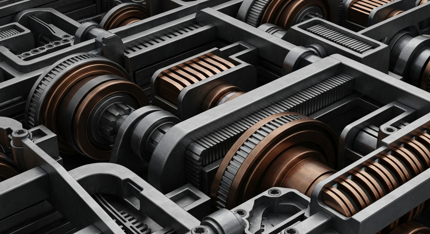 An extreme close-up of a series of gears, levers, and mechanical components in shades of steel grey, copper, and black, conceptually representing the complex infrastructure and institutional power of the securities industry.
