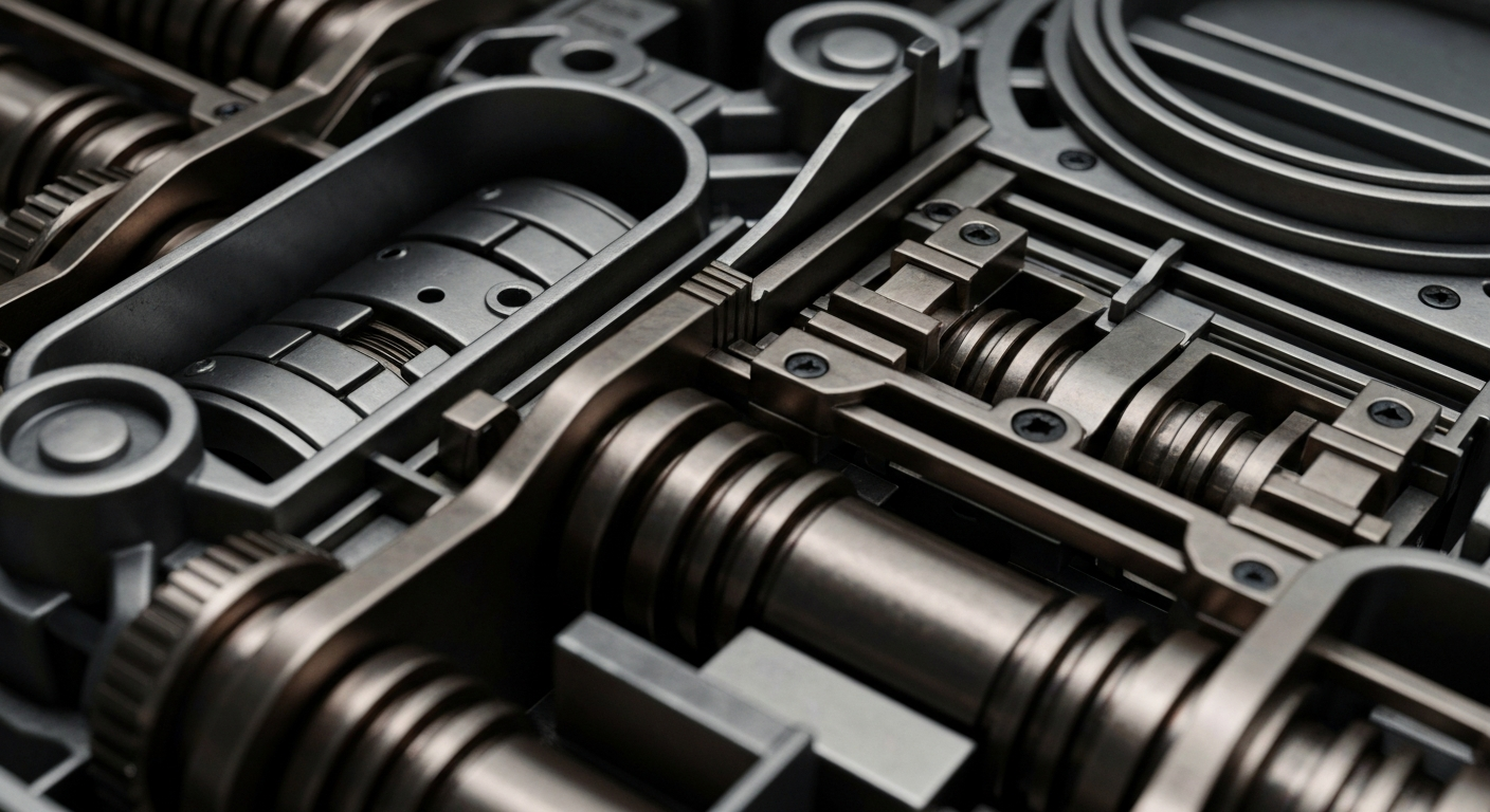 An extreme close-up of complex, interlocking gears and mechanisms in shades of steel gray, bronze, and black, conveying the secure, powerful infrastructure of the financial industry.