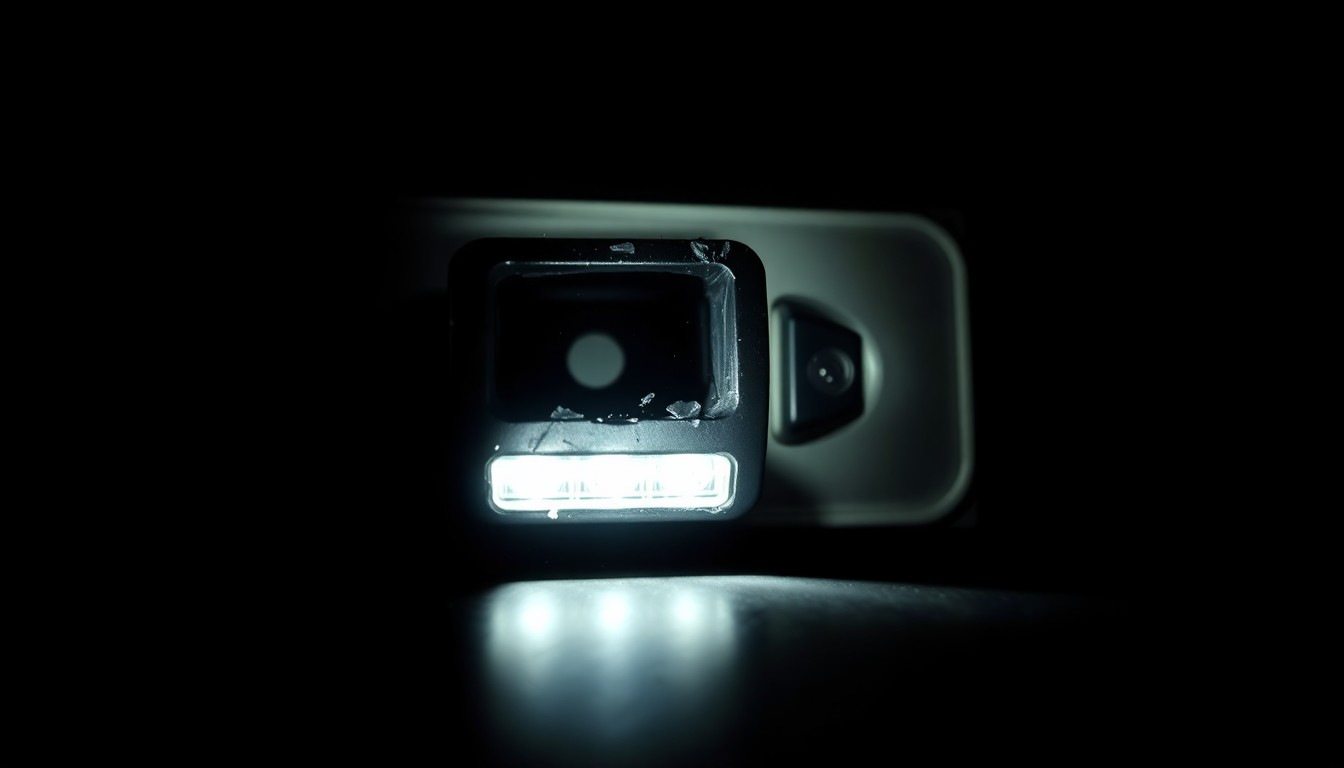 An extreme close-up photograph of a damaged car sensor or security gate component, lit by a harsh, direct camera flash against a pitch-black background, conceptually illustrating the aftermath of a failed luxury car theft attempt.