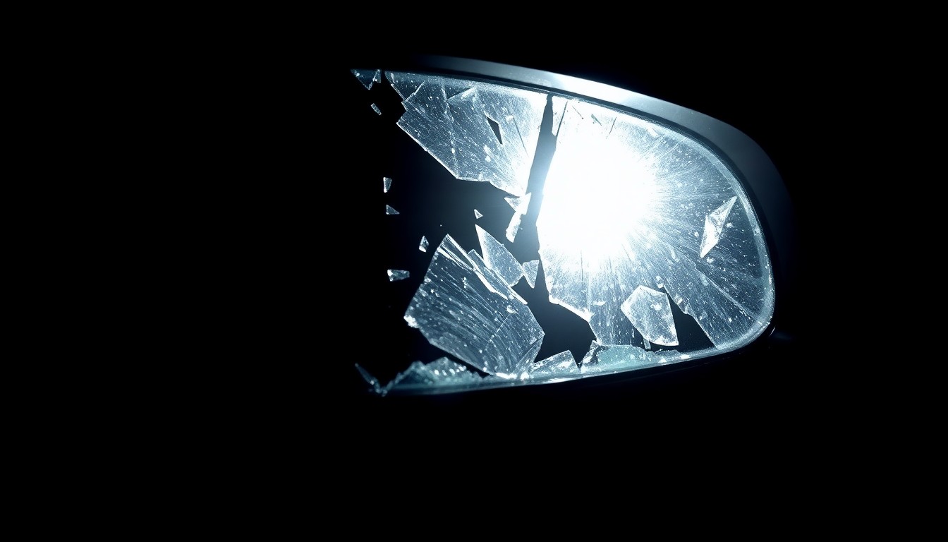 An extreme close-up photograph of shattered glass from a vehicle, lit by a harsh, direct camera flash against a pitch-black background, conveying the stark, gritty aftermath of a fatal pedestrian accident on the highway.