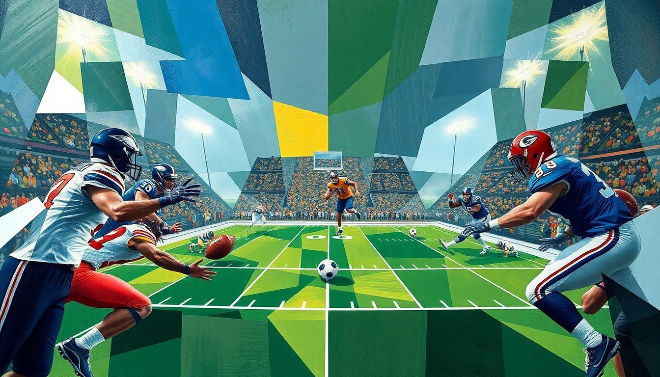A cubist, geometric painting depicting a football game, with players and the field broken down into sharp, overlapping shapes and planes of color, capturing the dynamic energy of the sport.