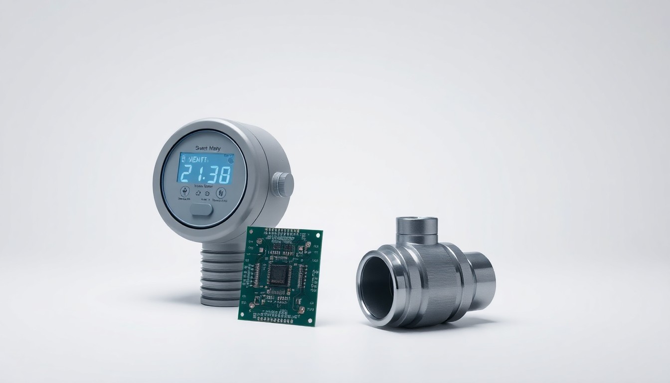 A photorealistic studio still life featuring a sleek water meter, circuit board, and metal pipe fittings, symbolizing the technological upgrades and digital integration at the heart of Lemoore's smart infrastructure project.