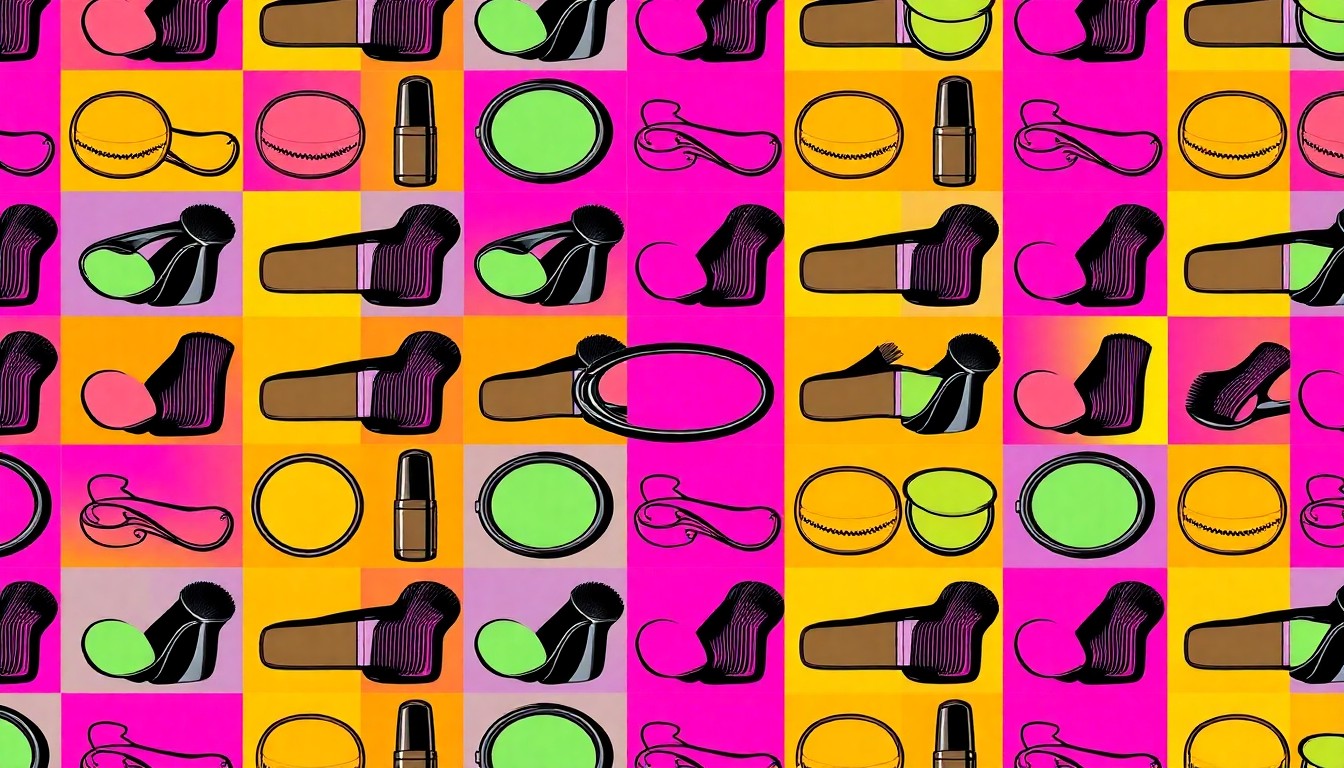 A high-contrast, silkscreen-style illustration of a makeup compact repeated in a grid pattern, representing the intense beauty routines at the heart of the 'looksmaxxing' debate.