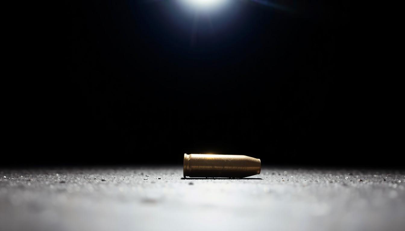 An extreme close-up of a single bullet casing on the ground, captured in stark, gritty detail under harsh lighting, conceptually representing the devastating impact of gun violence.