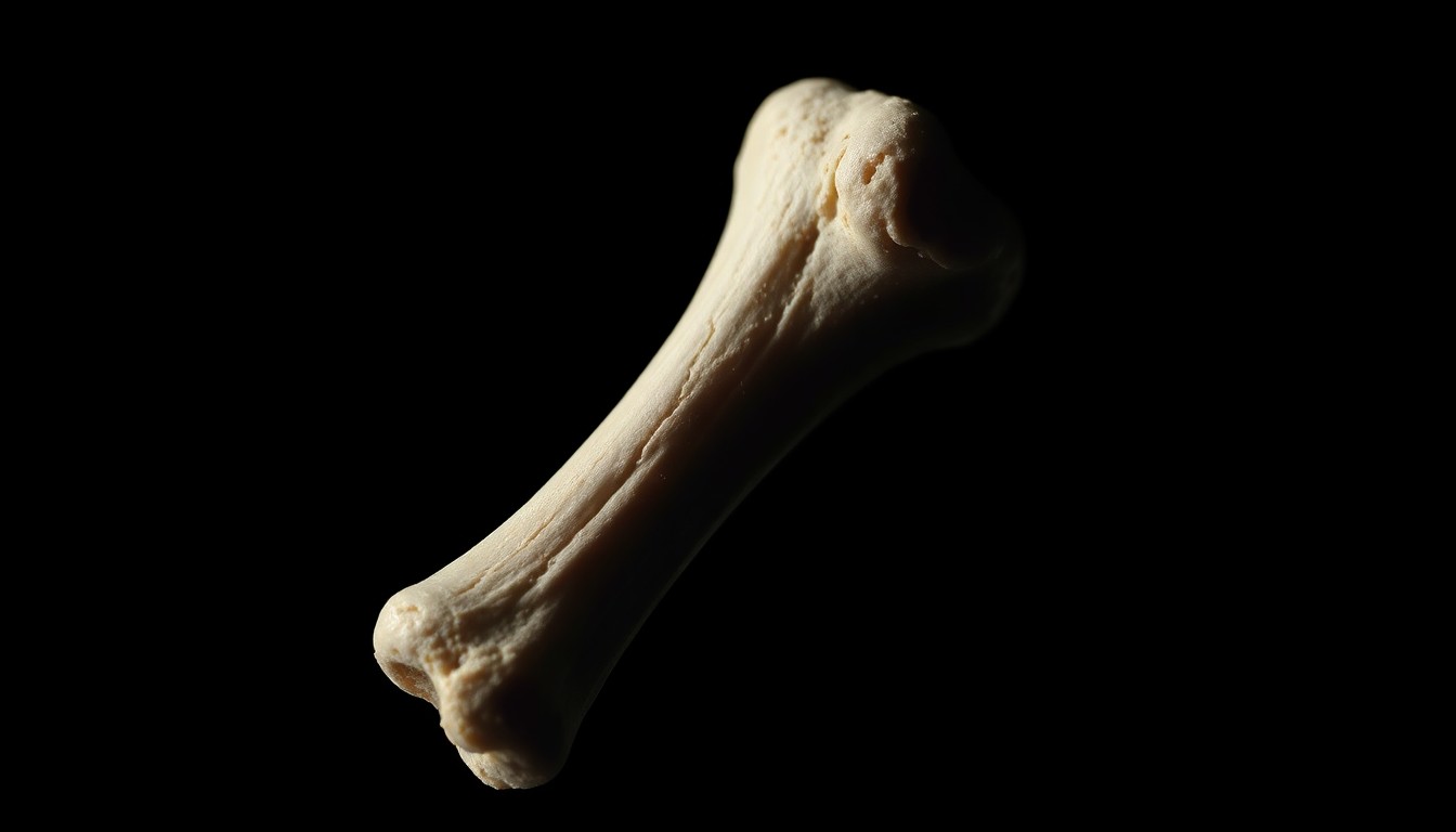 An extreme close-up photograph of a single human bone fragment, its rough texture and sharp edges dramatically illuminated by a harsh, direct camera flash against a pitch-black background, conveying the serious, investigative nature of this unsolved mystery.