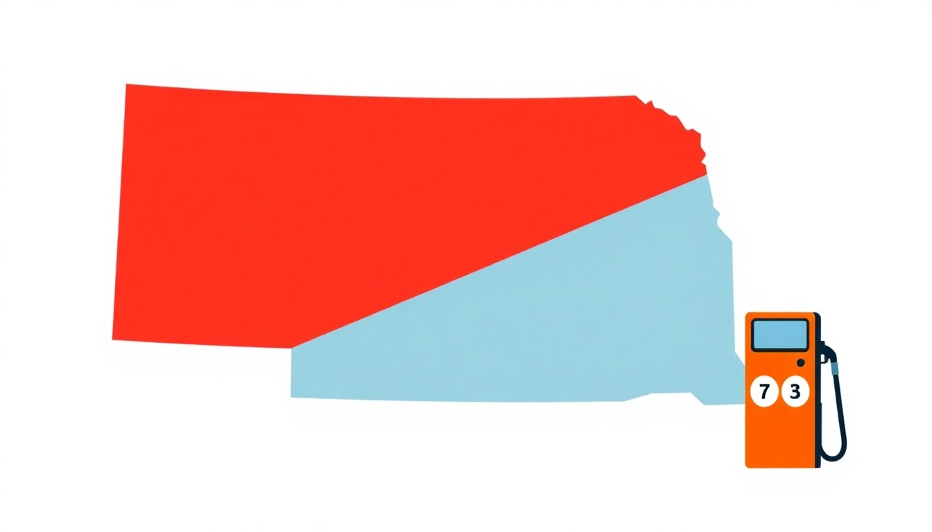 An abstract geometric illustration using bold shapes and primary colors to conceptually represent lower gas prices in Nebraska compared to the rest of the country.