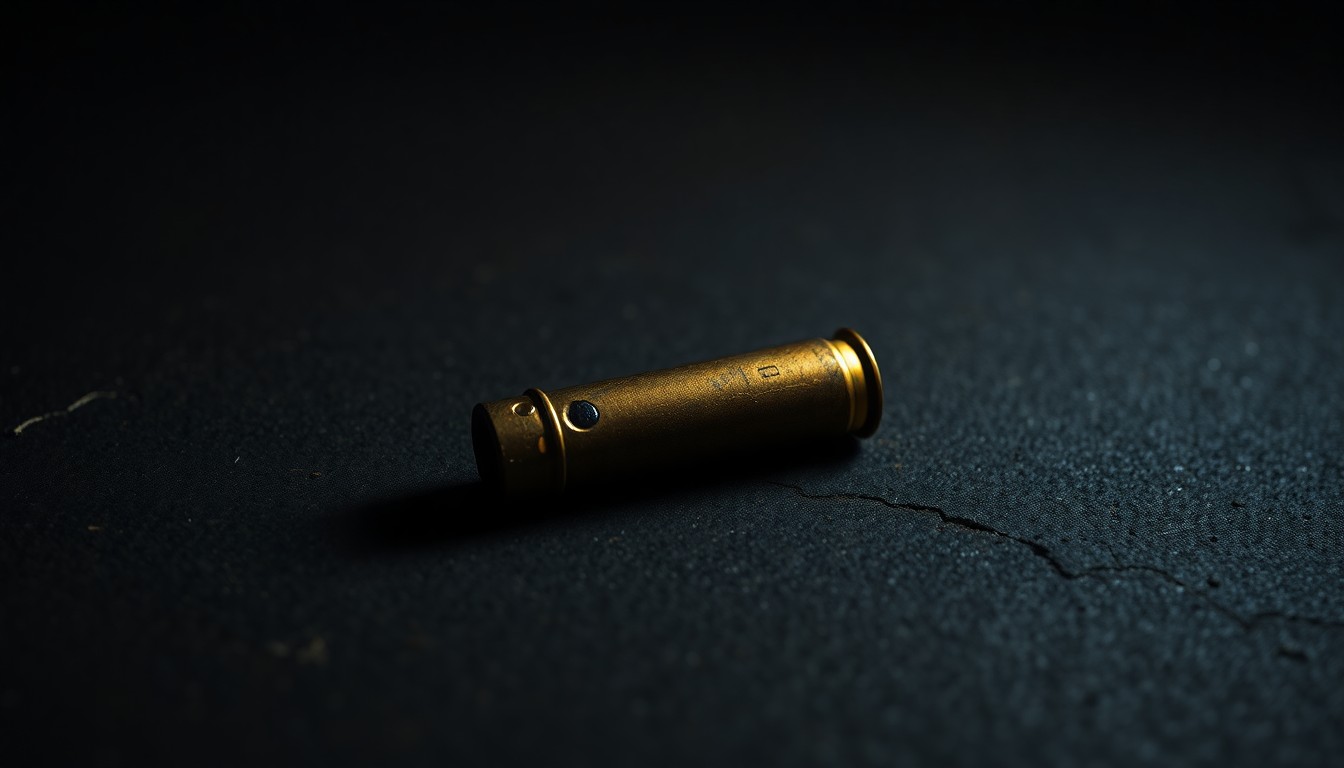 An extreme close-up photograph of a single spent shell casing on a dark concrete surface, conveying the stark, gritty aftermath of a violent crime incident.