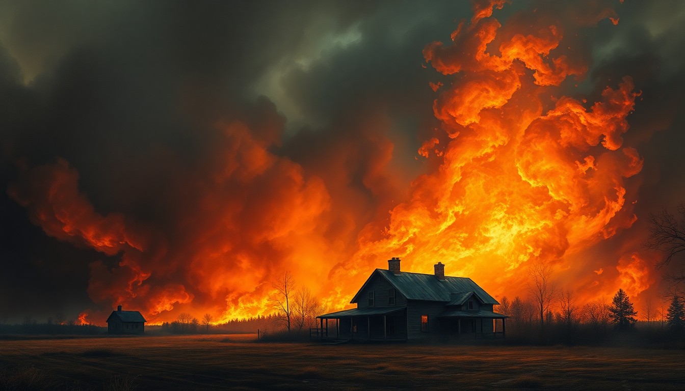 A sweeping, atmospheric landscape painting depicting a remote rural home engulfed in a raging wildfire, with the overwhelming scale of the natural disaster dwarfing the physical structure and conveying the sublime power of the blaze.