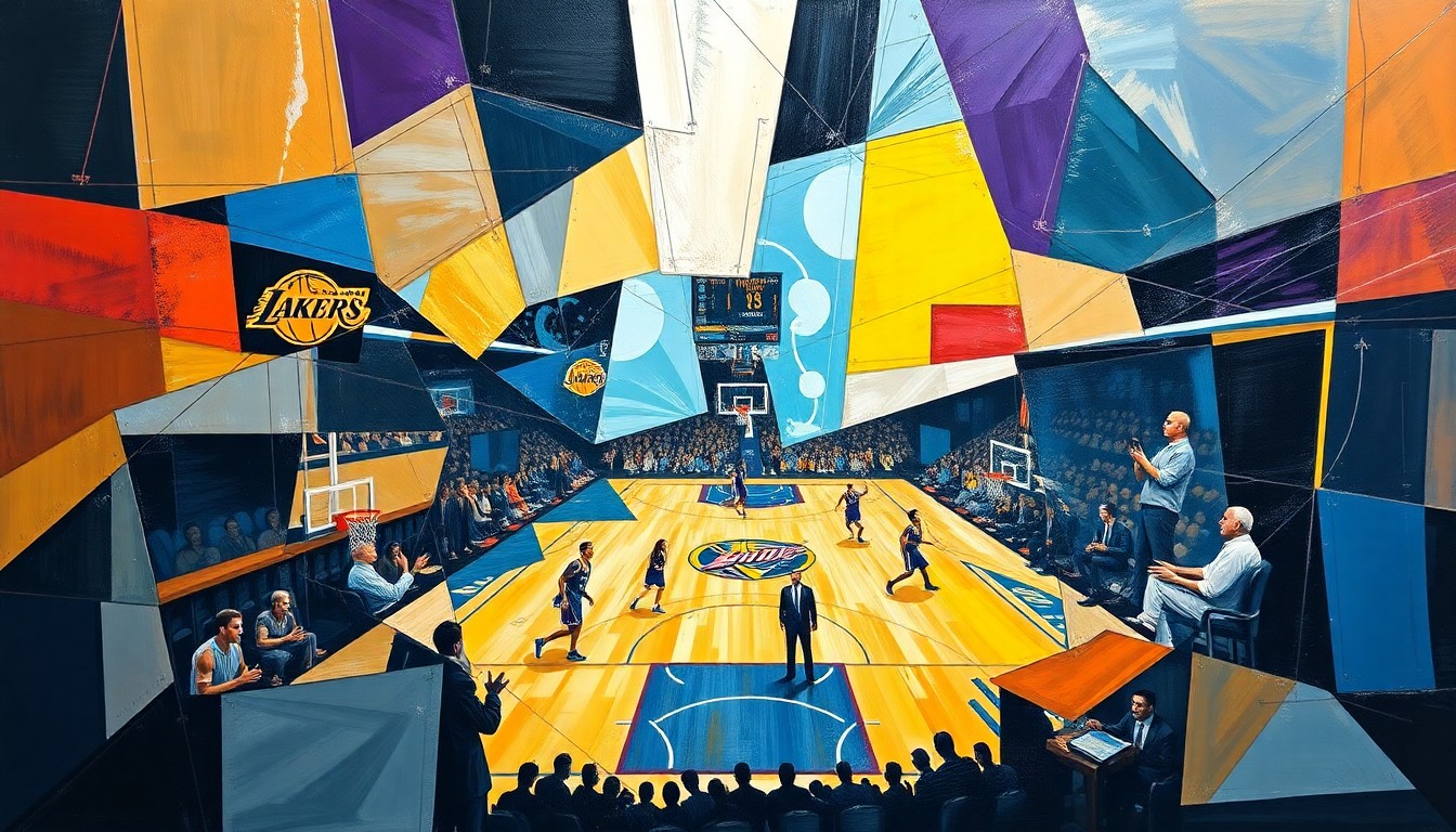 A fragmented, geometric painting depicting a basketball game, with sharp planes of color and form representing the Lakers' struggle to overcome key injuries.