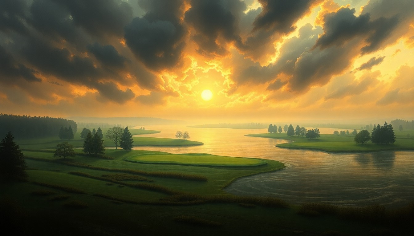 A vast, atmospheric landscape painting in muted tones, with a flooded golf course barely visible in the distance, its structures and features dwarfed by the expansive, swirling waters that dominate the scene.