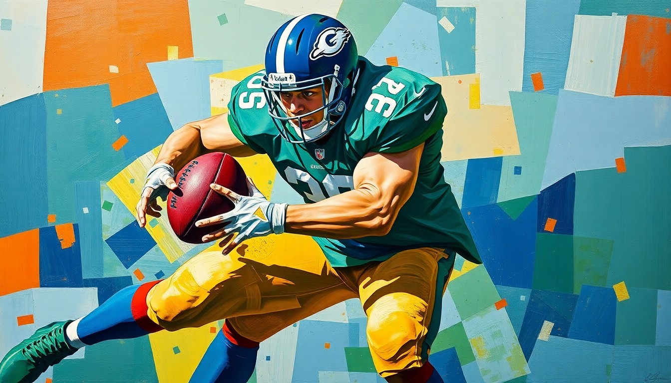 A fragmented, cubist-style painting depicting a defensive tackle making a forceful tackle, with the player's body broken down into sharp, overlapping geometric shapes in shades of blue, green, and orange.