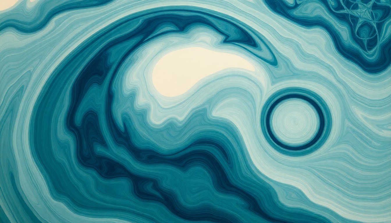 A highly textured, abstract painting in soft shades of blue, green, and gray, featuring sweeping geometric arcs, concentric circles, and precise botanical spirals that convey the structural order and dynamic movement of water in a coastal setting.