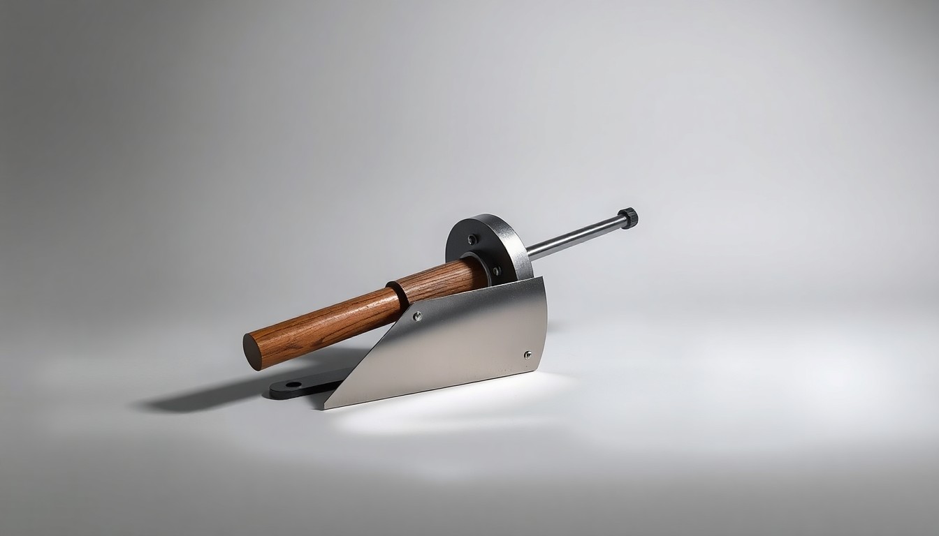 A close-up photograph of a polished, geometric stump grinder tool made of brushed metal and wood, resting on a clean, monochromatic background and illuminated by dramatic studio lighting, conceptually representing the professional, technical nature of CLTP's tree care services.