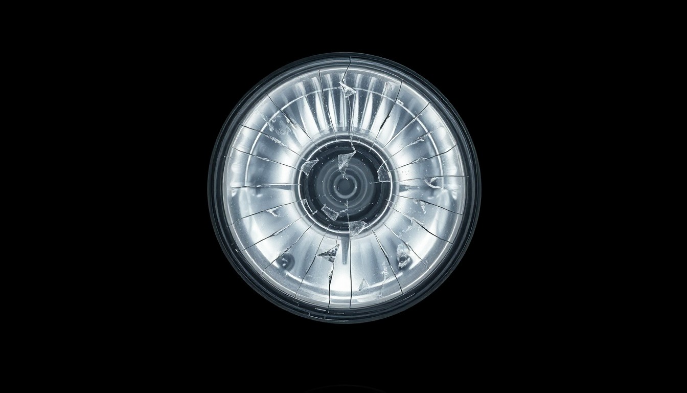 An extreme close-up of a shattered motorcycle headlight lens reflecting a harsh white flash, conveying the tragic consequences of a deadly crash caused by drunk driving.