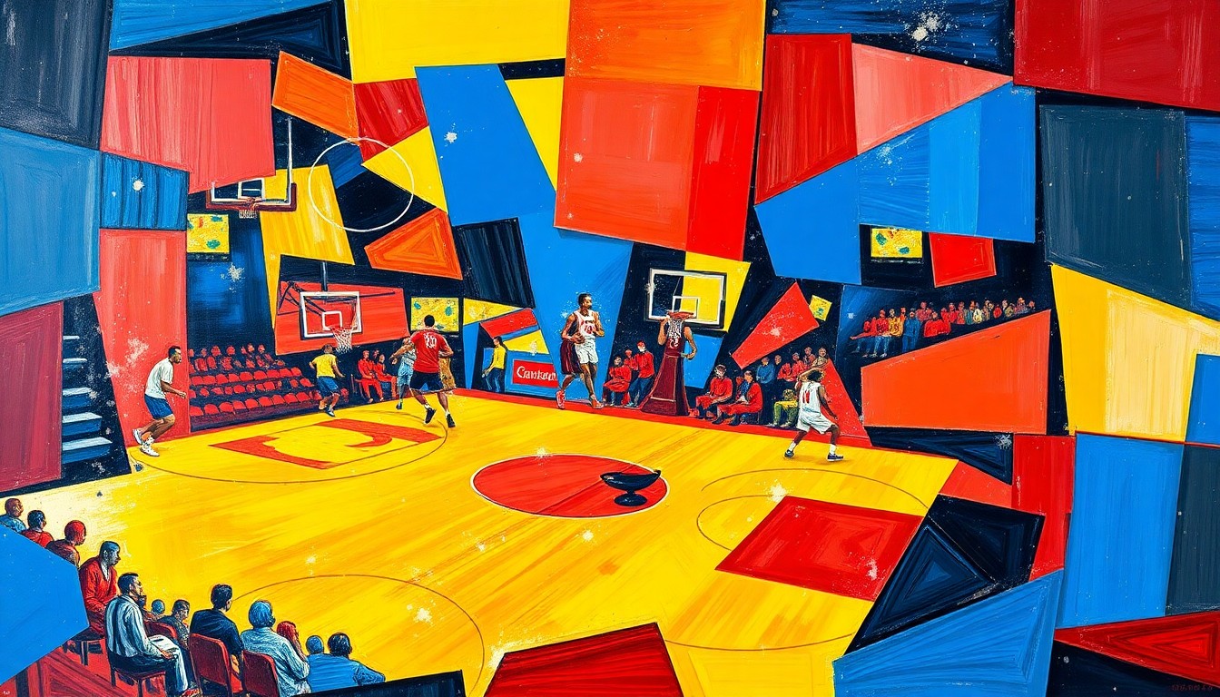 A cubist, geometric painting depicting the action of a basketball game, with sharp, overlapping planes of color representing the dynamic movements and competition of the players.