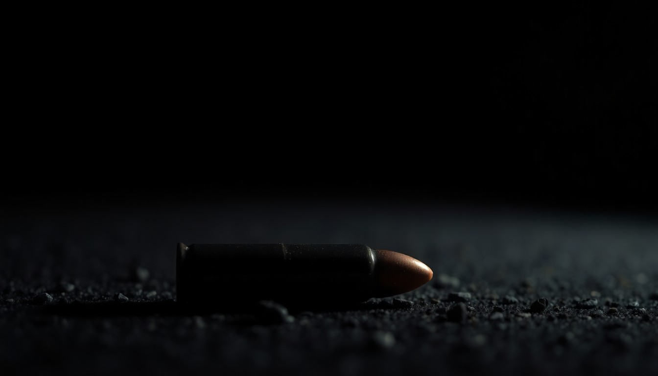 An extreme close-up photograph of a spent bullet casing on a dark surface, capturing the gritty, investigative nature of the crime scene.