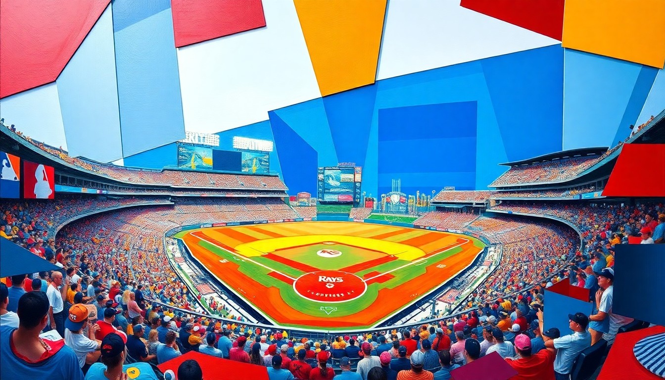 A fragmented, geometric painting in bold colors depicting the energy and excitement of a Rays home game at Tropicana Field.