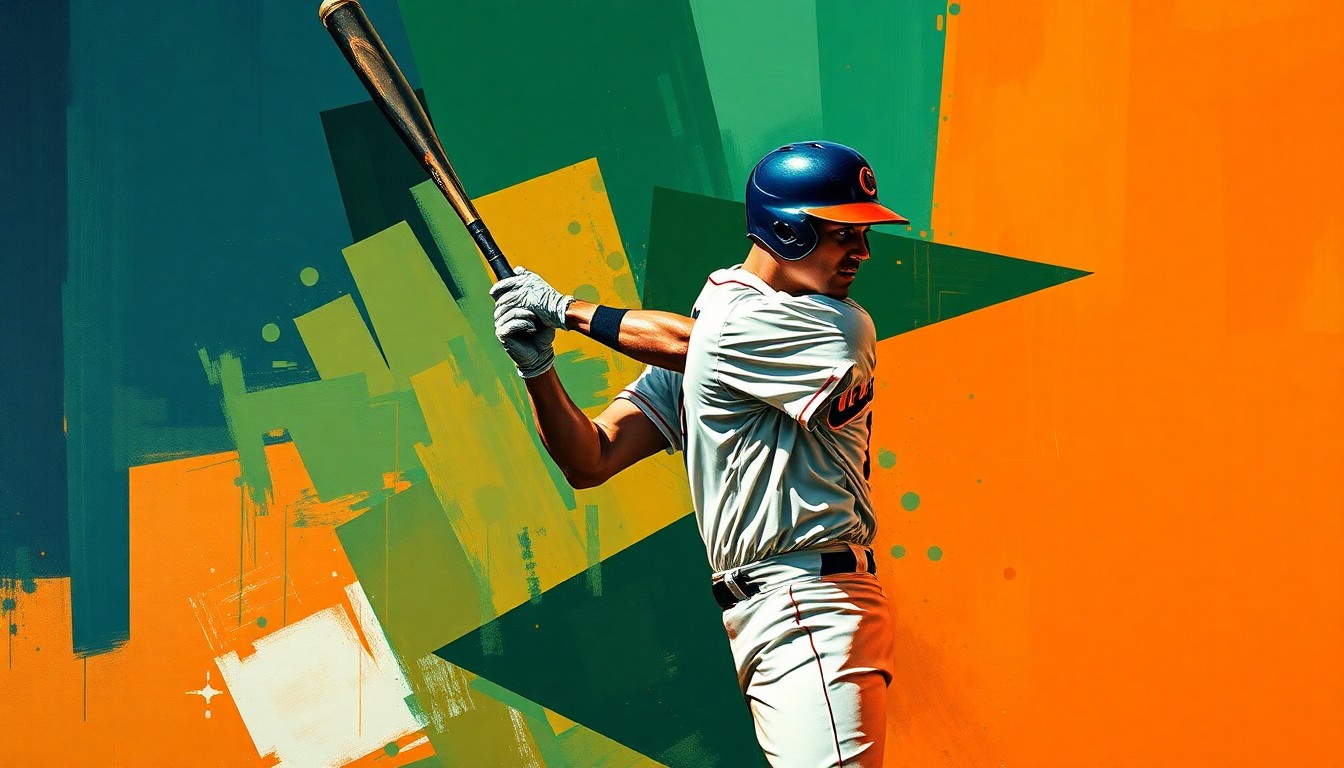 A cubist-style painting depicting a baseball player's motion broken down into overlapping geometric shapes and planes in navy, green, and orange hues, conveying the innovative and forward-thinking nature of the Mariners' investment in their top prospect.