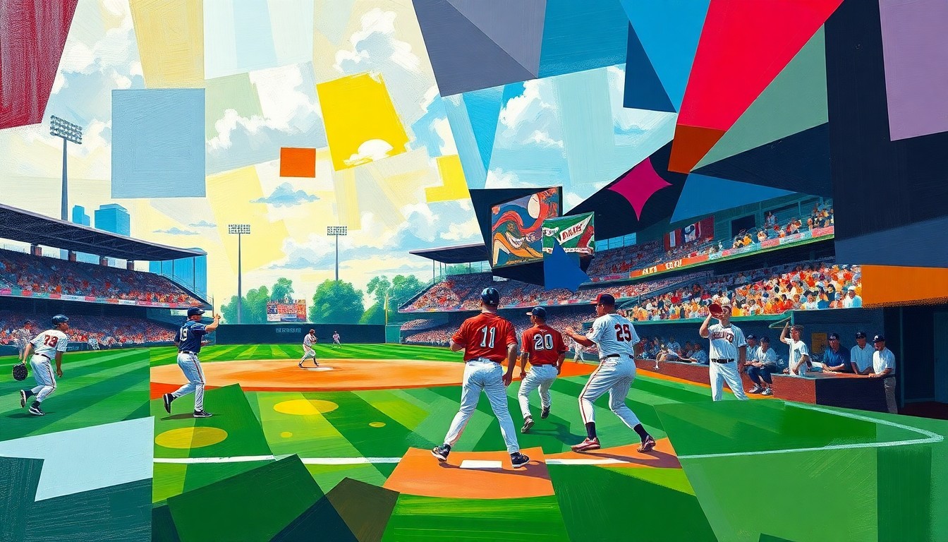 A fragmented, geometric painting in bold colors depicting a high school baseball game, with the players and field deconstructed into sharp, overlapping planes.