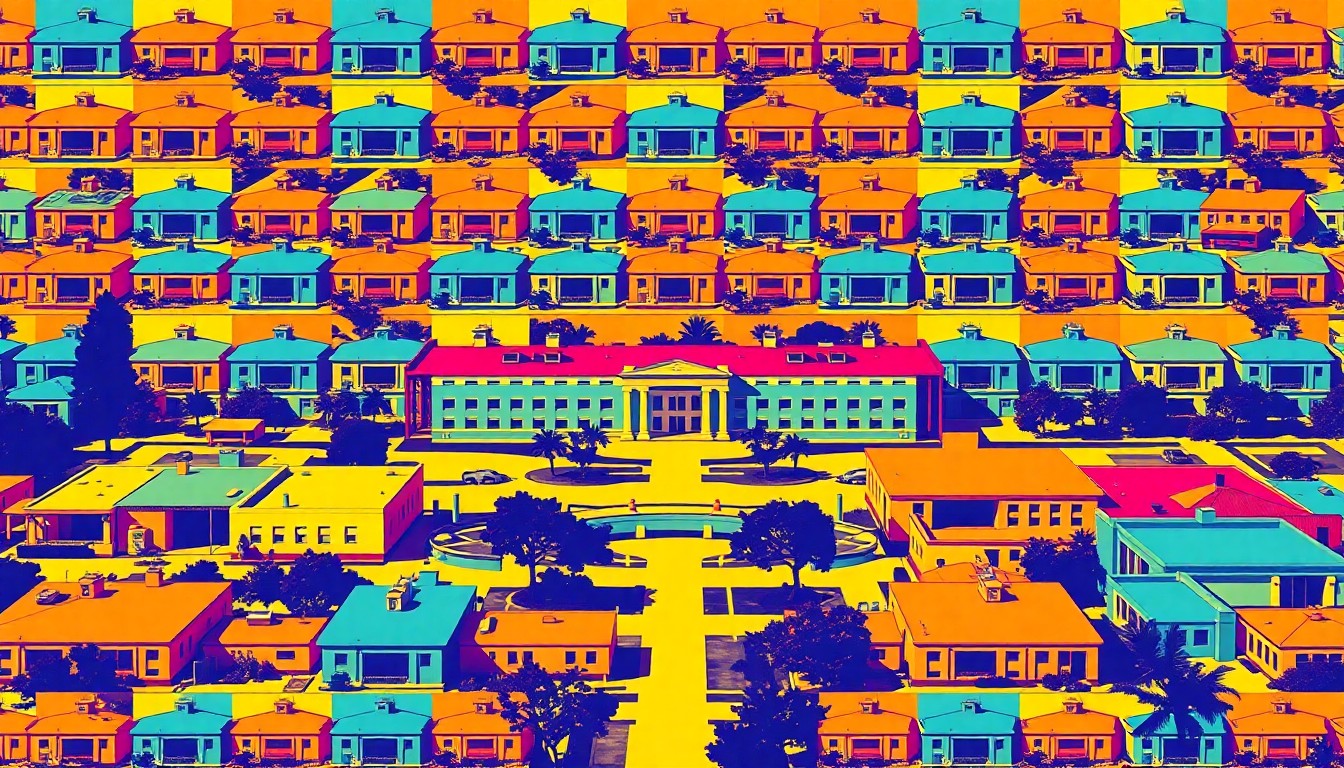 A brightly colored, high-contrast silkscreen print of the César E. Chávez Campus building, repeated in a tight grid pattern with flat, unnatural neon colors and heavy black outlines, conceptually representing the re-evaluation of Chávez's legacy.