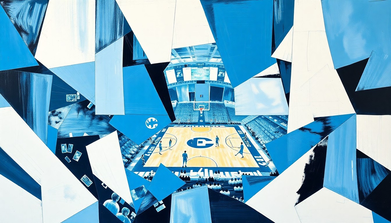 A cubist, fragmented painting depicting the action and energy of a college basketball game, with sharp geometric shapes and planes in the team's signature colors.