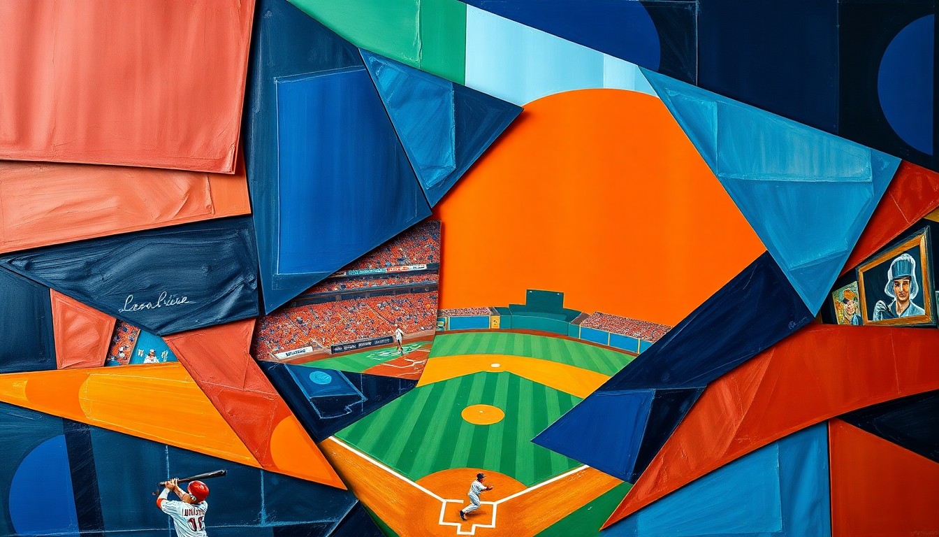 A cubist, geometric painting depicting a baseball game, with the players and field broken down into sharp, overlapping planes of color in a vibrant, abstract style.