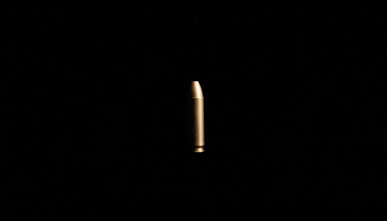 An extreme close-up photograph of a single bullet casing against a pitch-black background, lit by a harsh, direct camera flash, conceptually representing the investigation into an unsolved murder.
