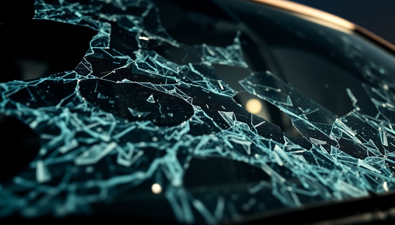 An extreme close-up photograph of a car's shattered windshield, the glass reflecting a dim, distorted light, conceptually illustrating the aftermath of a fatal vehicle accident.