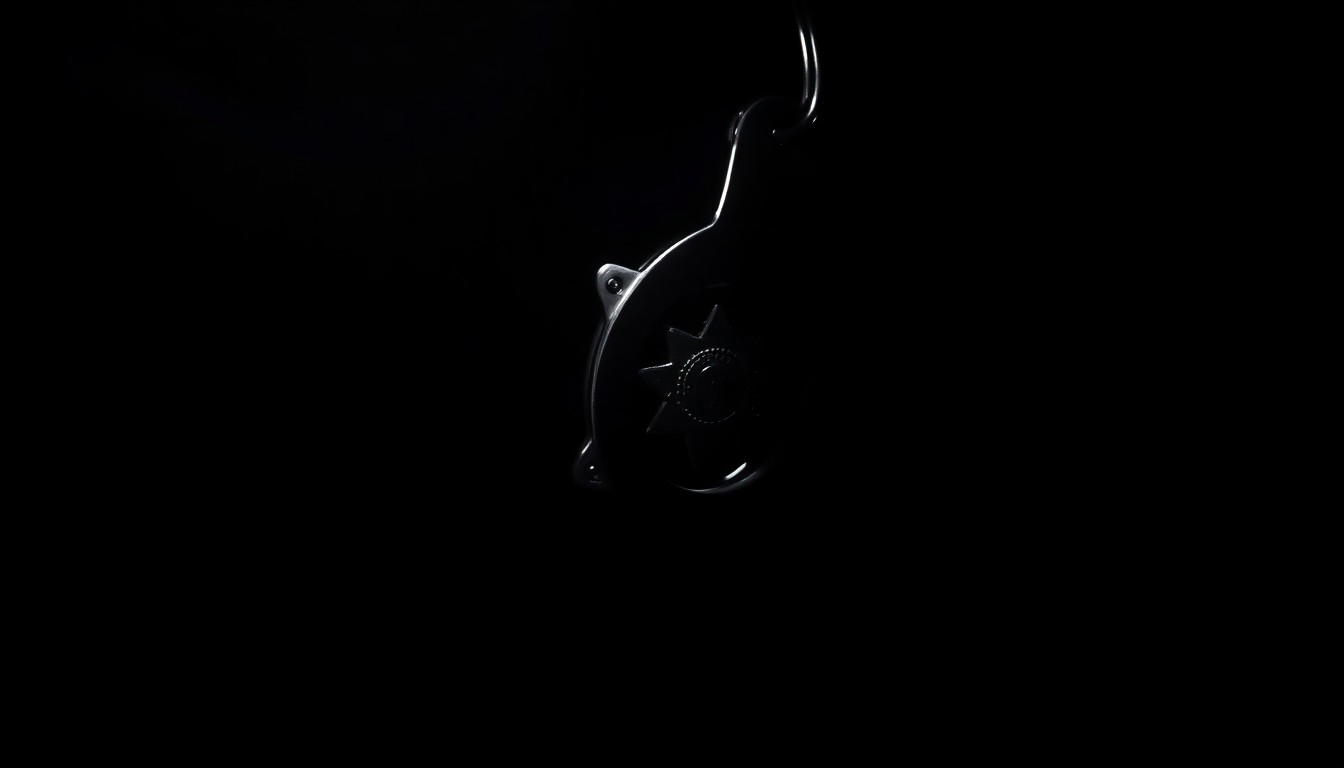 An extreme close-up photograph of a police badge or handcuffs, capturing the stark, gritty, and investigative nature of law enforcement work.