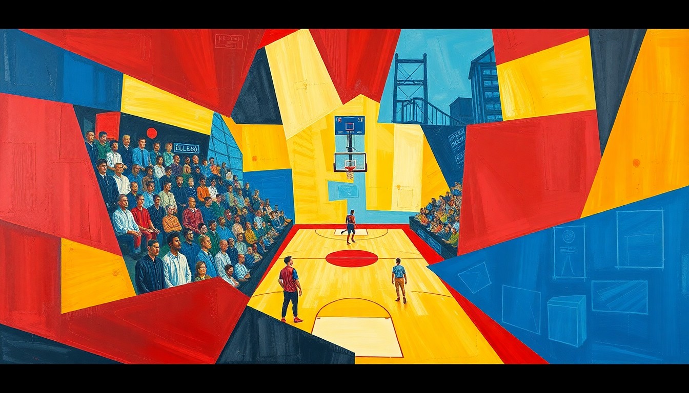 A fragmented, geometric painting in bold primary colors depicting the abstract movements and shifting perspectives of a college basketball game.