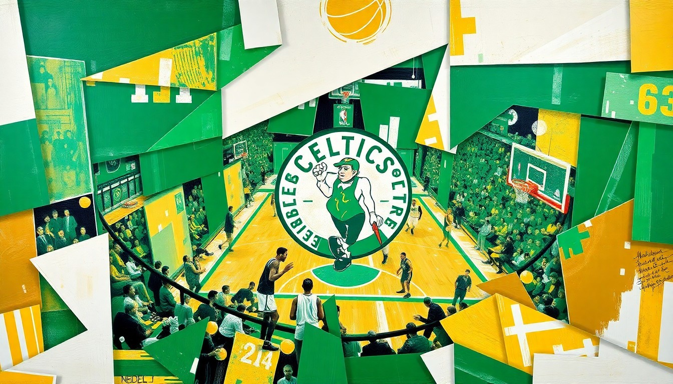 A cubist, geometric painting in shades of green, white, and gold, depicting a fragmented and deconstructed basketball game scene, representing the Celtics' ability to overcome challenges and secure a playoff spot.
