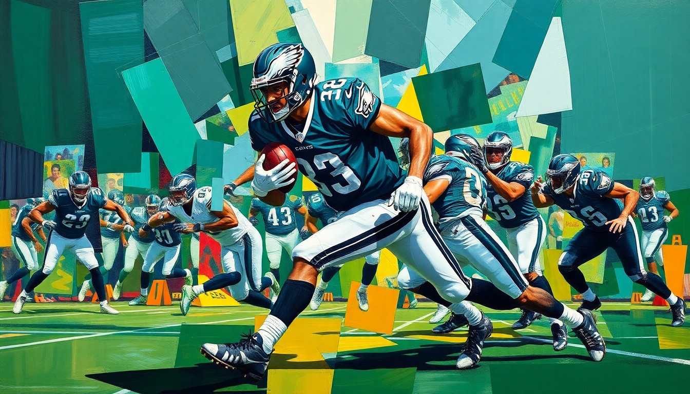 A cubist, geometric painting depicting a football safety making a play, with the player's form broken down into sharp, overlapping planes of vibrant green and silver colors.