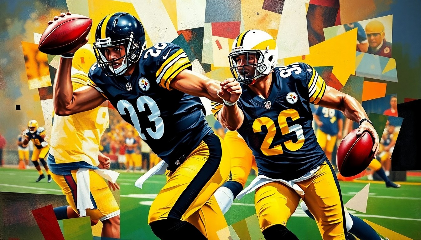 A fragmented, geometric painting depicting a football player in mid-air, the ball and player's limbs broken down into sharp, overlapping planes of black, gold, and white, capturing the dynamic motion and energy of an interception.