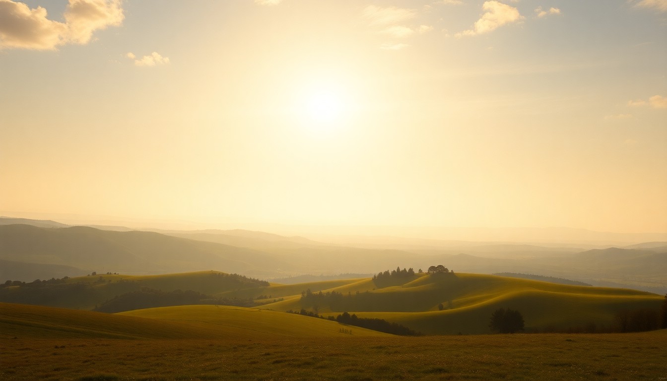 A sweeping, atmospheric landscape painting in muted earth tones, with a bright, hazy sky and rolling hills in the distance, conveying a sense of peaceful serenity.