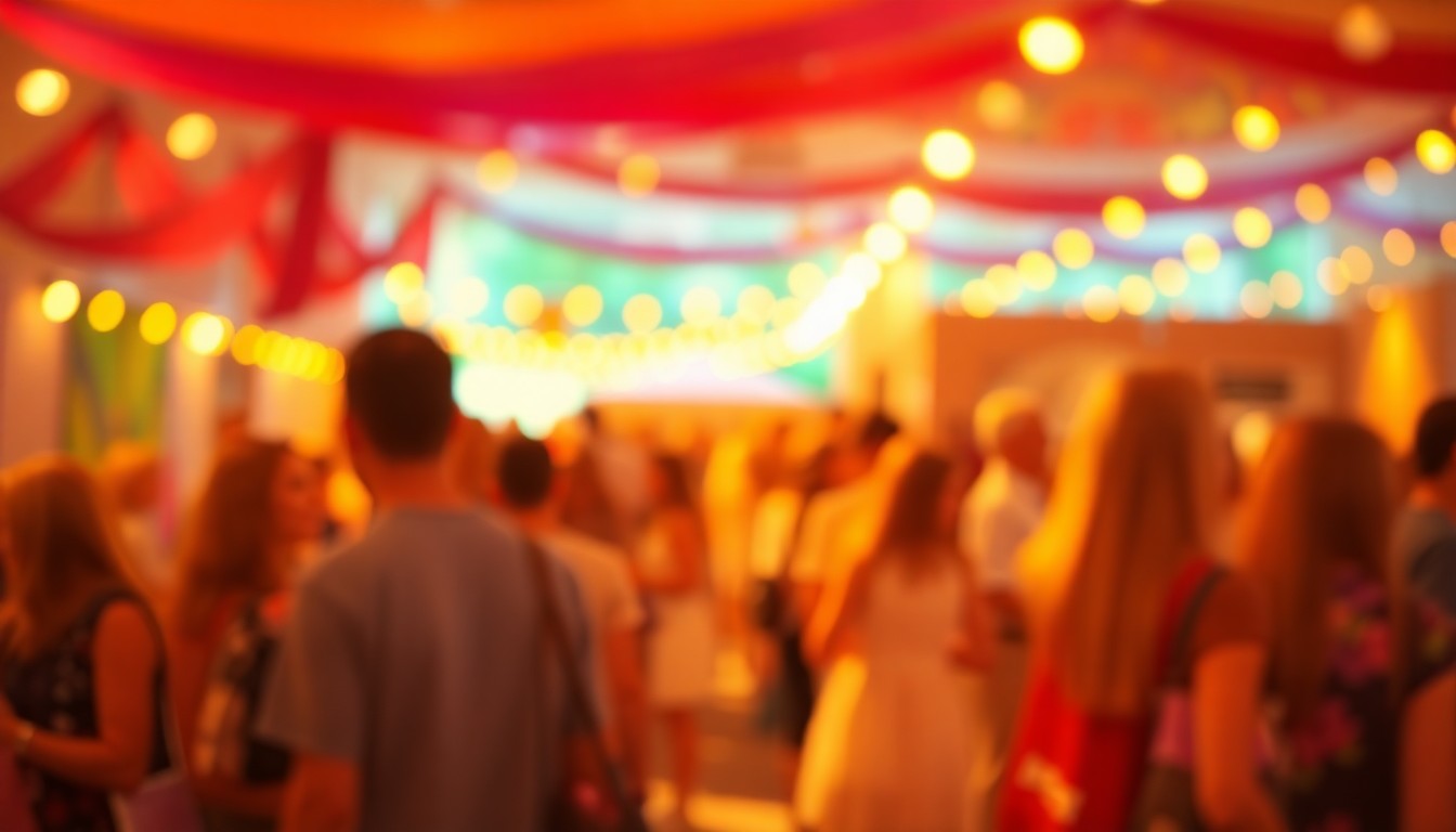 An abstract, out-of-focus photograph in warm, vibrant colors, capturing the joyful and expressive atmosphere of an arts festival featuring a variety of student artwork and performances.