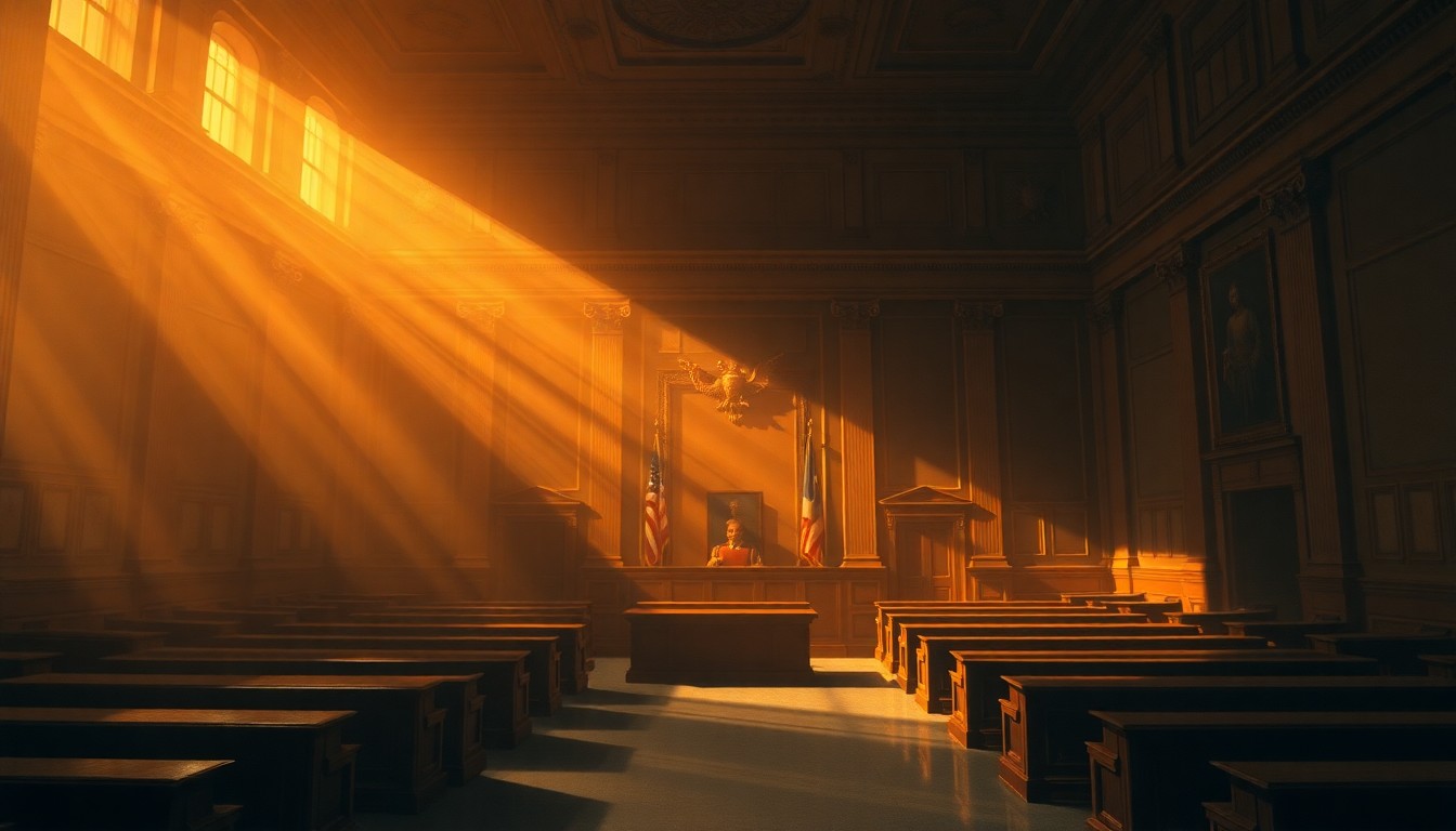 A dimly lit, cinematic painting of an empty city council chamber, with warm sunlight streaming in through the windows and deep shadows cast across the room, creating a sense of tension and unease.