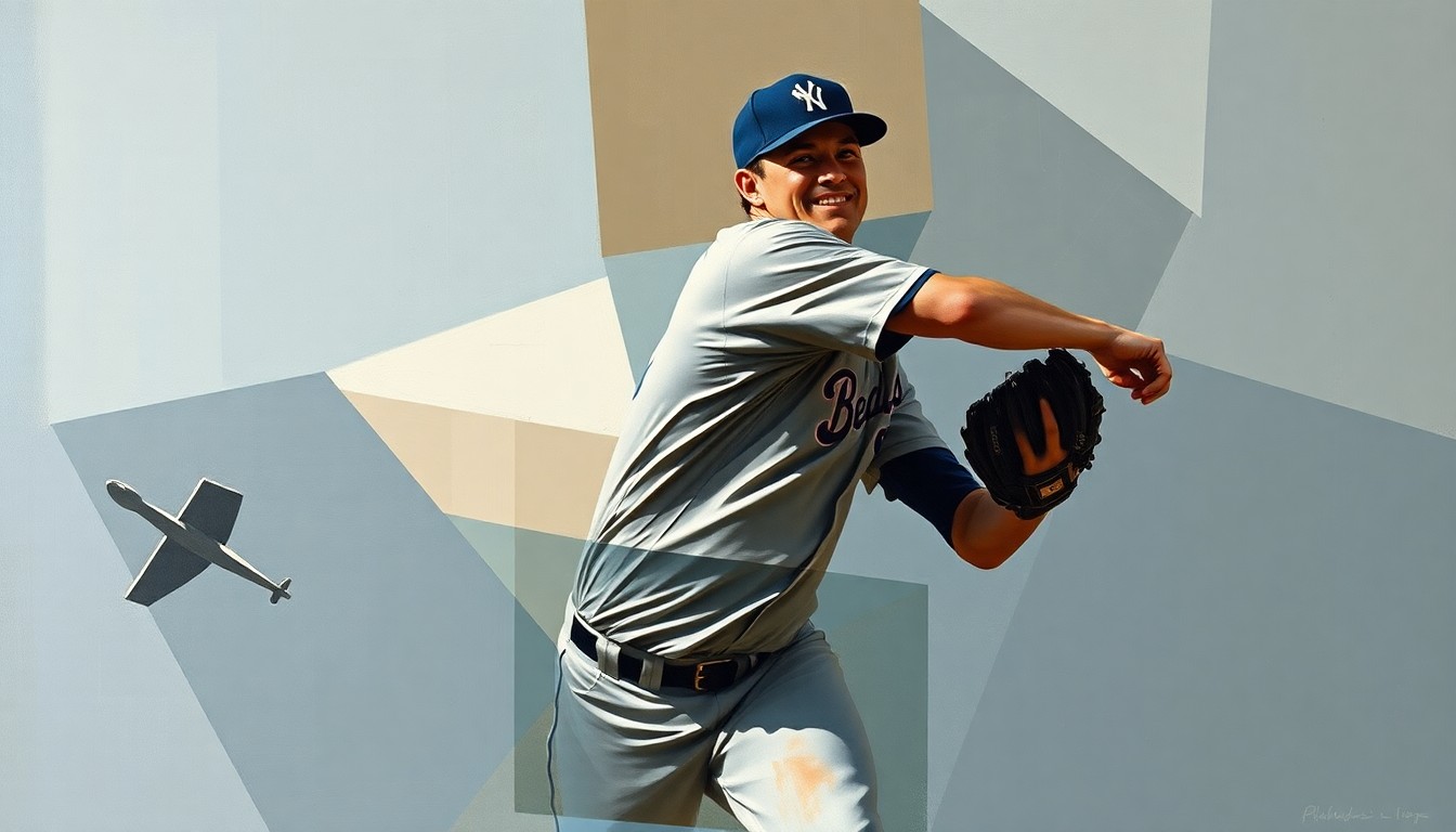 A fragmented, geometric painting depicting a baseball pitcher's motion broken down into sharp, overlapping planes of muted colors, conceptually representing the complexities of recovering from injury.