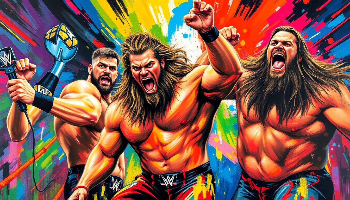 A vibrant, expressionist painting featuring dynamic, neon-colored brushstrokes that capture the raw athleticism and intensity of WWE superstars Seth Rollins, Gunther, Oba Femi, and Brock Lesnar in action, conceptually representing the high-stakes drama of the upcoming WrestleMania event.