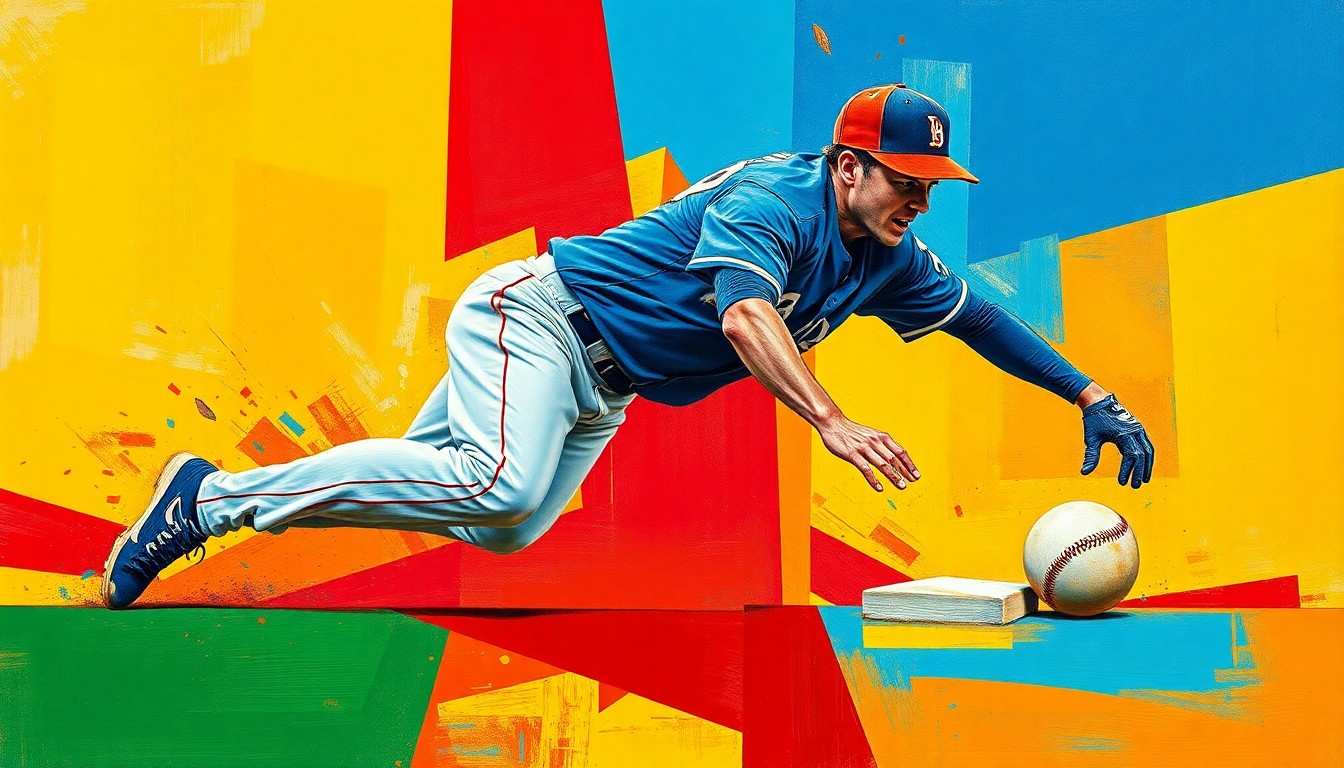 A fractured, cubist-style painting depicting a baseball player sliding into a base, with their body broken down into sharp, overlapping geometric shapes in vibrant colors like blue, red, and yellow, capturing the dynamic motion and energy of the sport.
