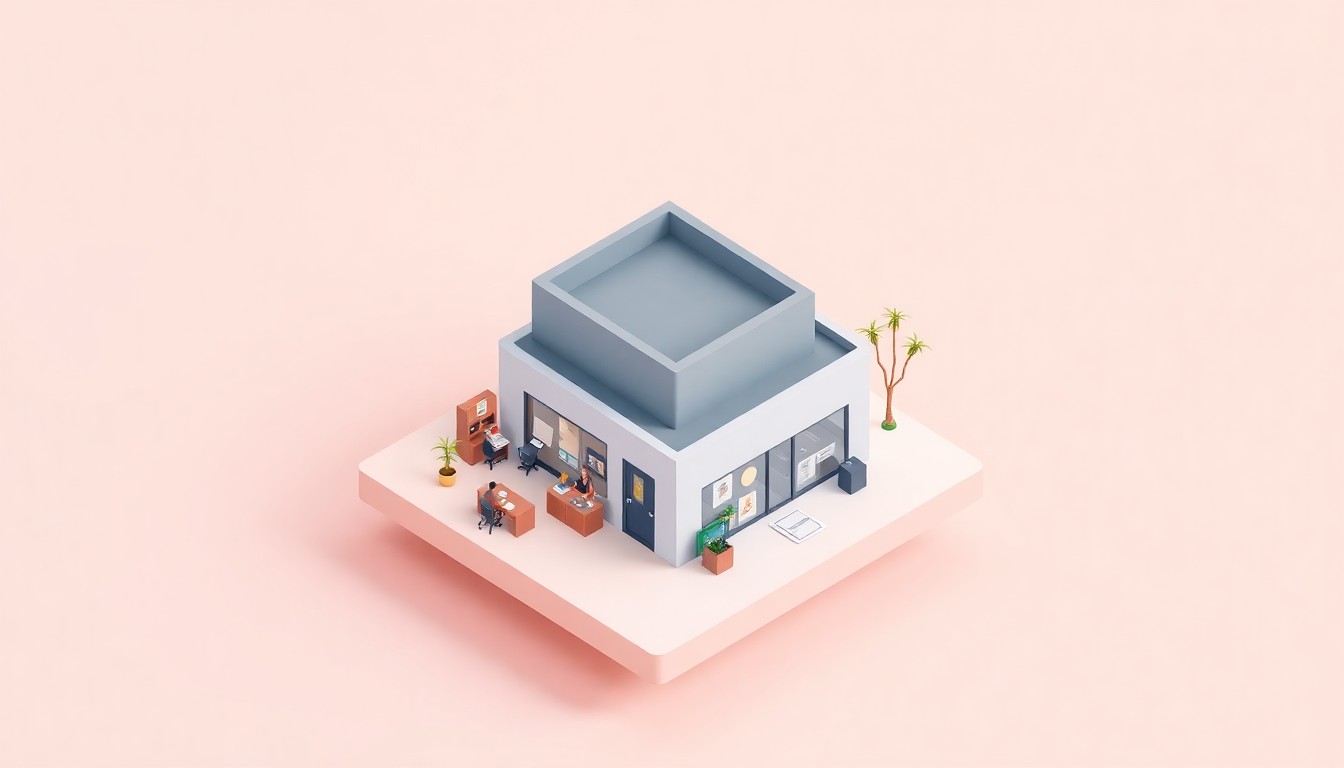 A stylized 3D illustration depicting a miniature office building, training spaces, and people working, representing the new Community E-Center in Las Vegas that aims to support small businesses and entrepreneurship in the local community.