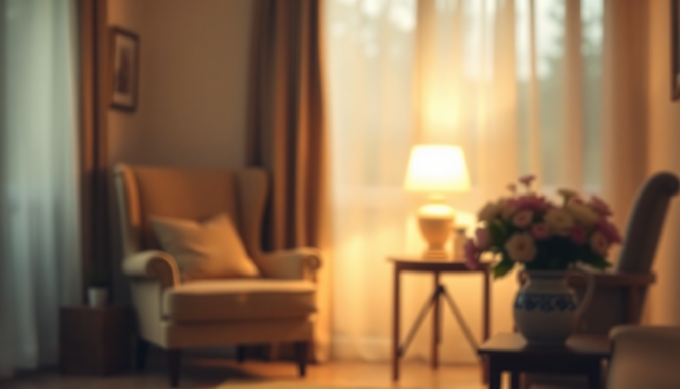 A blurred, dreamlike photograph in warm, earthy tones depicting a cozy, domestic scene that evokes a sense of comfort, nostalgia, and the passage of time.