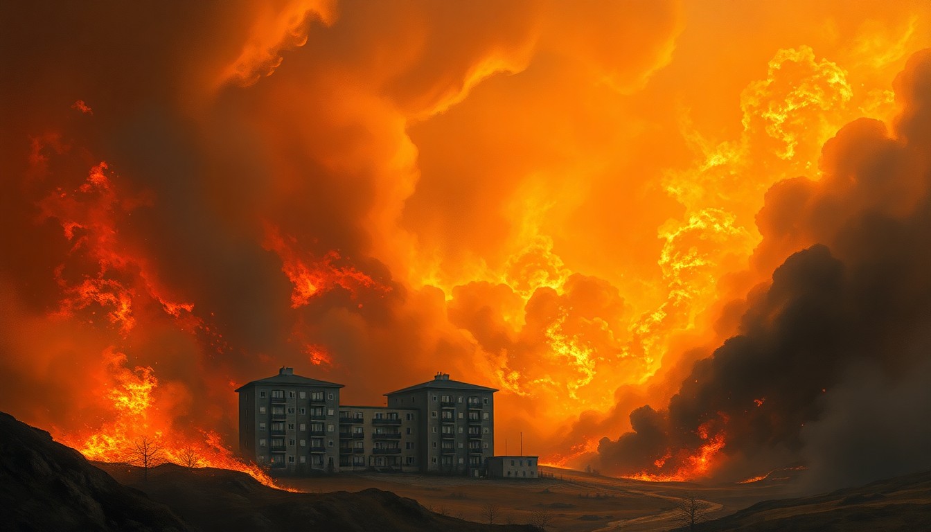 A sweeping, atmospheric landscape painting depicting a wildfire consuming a small apartment complex in the distance, the flames and smoke obscuring the details and dwarfing the physical structures, conveying the sublime power of the natural disaster.