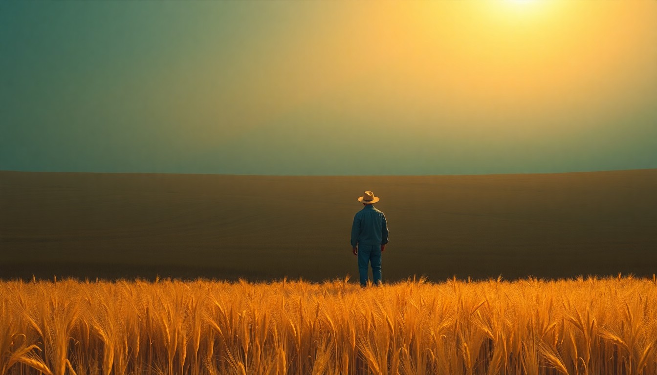 A serene, painterly scene of a lone farmer standing in a vast, golden wheat field, the warm light casting long shadows across the landscape, conveying a sense of isolation and uncertainty about the future of American agriculture.