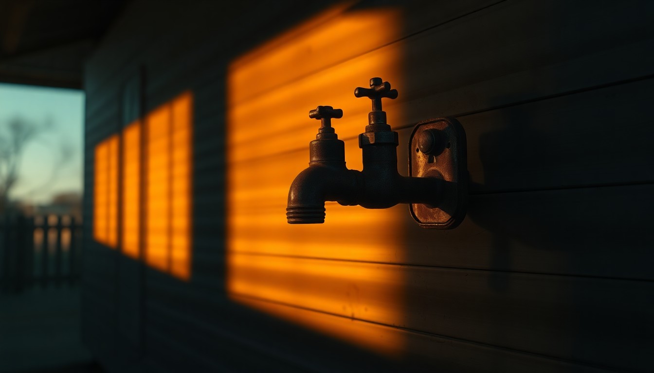 A photorealistic painting of an old, rusted mobile home water spigot in warm, golden light, conveying a sense of neglect and the need for infrastructure improvements in mobile home communities.