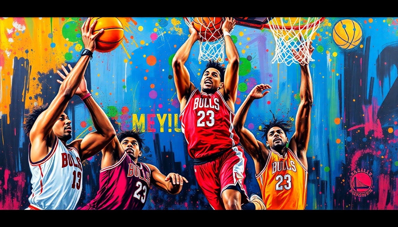 An abstract, expressionist painting featuring explosive, neon-colored brushstrokes capturing the raw power and energy of basketball dunking, with faces and details dissolving into vibrant splatters of color.
