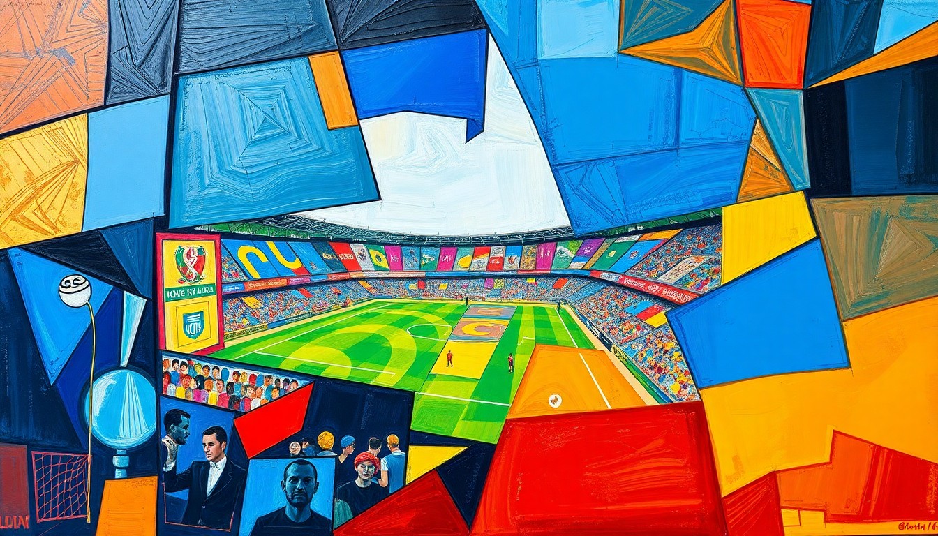 A cubist, geometric painting depicting a fragmented soccer match or tournament scene, with sharp planes of vibrant blue, red, and yellow colors, conveying the high-stakes, exclusive nature of the 2026 World Cup.