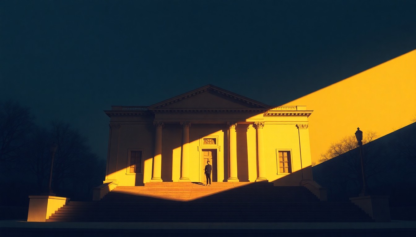 A photorealistic painting of a city hall building in warm, golden light, with a lone figure standing on the steps, conveying a sense of civic duty and political neutrality.