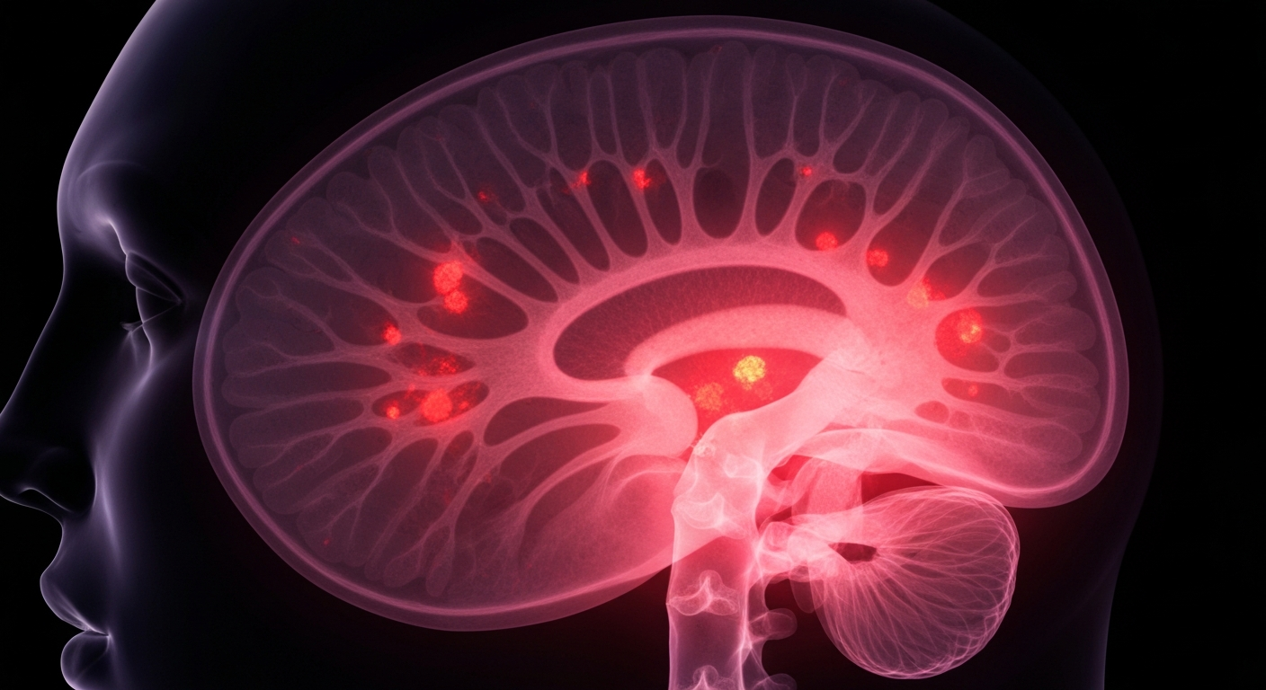 An ethereal, ghostly X-ray image showing the complex internal structure of a human brain tumor, with faint red fluorescent lines highlighting the tumor's boundaries.