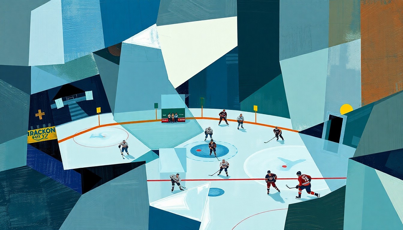 A fractured, cubist-style painting depicting the chaotic energy of a hockey game, with overlapping geometric shapes in muted tones of blue, green, and gray, conveying the sense of transition and uncertainty surrounding the Islanders' coaching situation.
